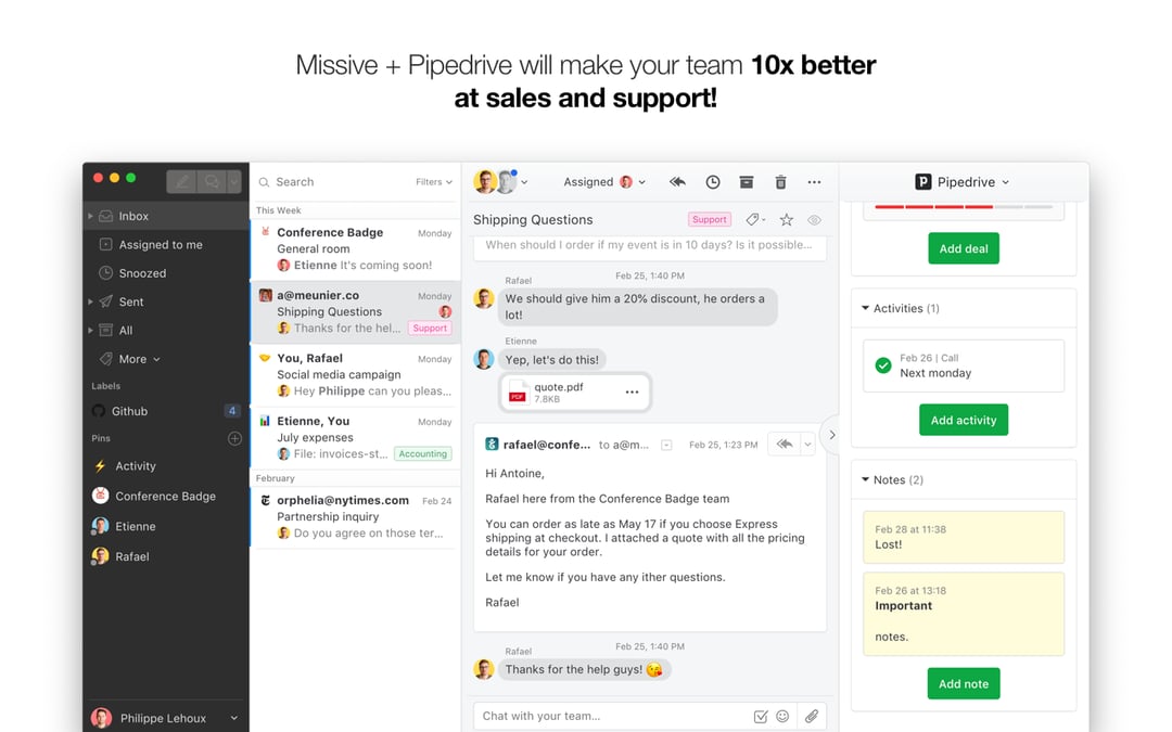 Missive App Integration - Pipedrive Marketplace